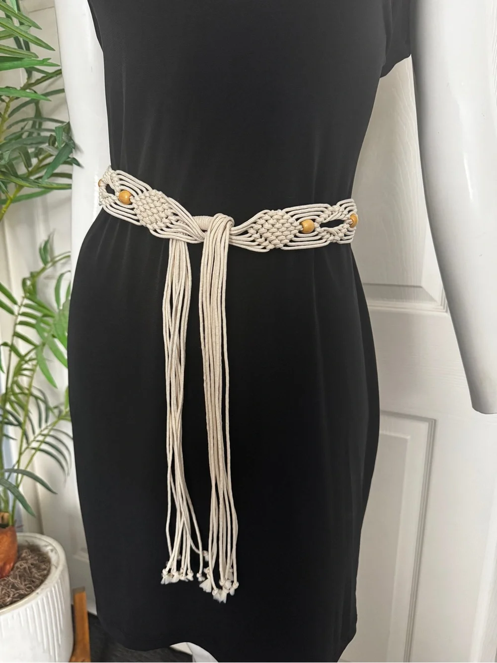 Boho Macrame Tie Belt in Cream with Wooden Beads